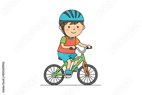 A cartoon child wearing a helmet rides a bicycle, smiling, on a white background
