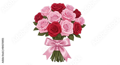 A beautiful bouquet of red and pink roses tied with a pink ribbon, perfect for expressing love and affection