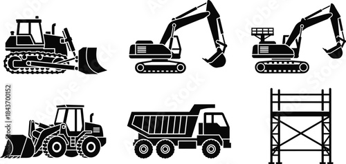 Construction machinery silhouette icons set, heavy equipment vehicles including excavator bulldozer loader dump truck for industrial building design