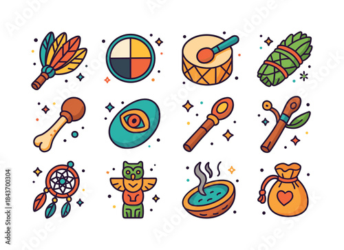 Shamanic Tools Icons. Shamanic tools. Colorful isometric vector