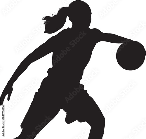 Silhouette of a female basketball player dribbling a ball