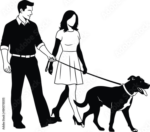 Couple walking dog together, romantic urban lifestyle silhouette illustration, love companionship daily routine, pet ownership concept, modern minimal black design