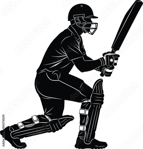 Cricket batsman silhouette playing defensive shot, professional sports illustration, black and white vector athlete action isolated on white background