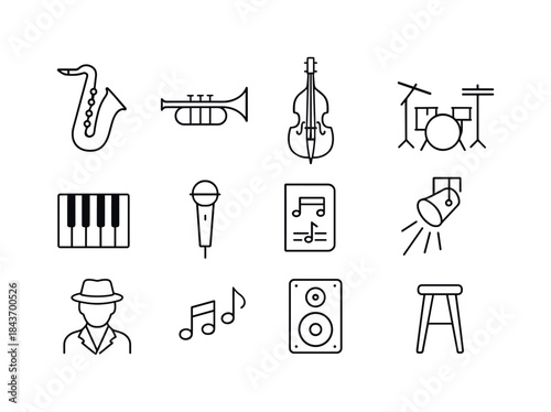 Jazz Instrument Icons. Jazz performance. Line icon set of Jazz p