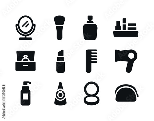 Vanity Essentials Icons. Vanity setup. Solid icon set of vanity