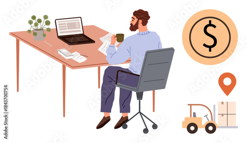 Man sitting at desk with laptop and documents, forklift moving goods, money and delivery location concepts. Ideal for e-commerce, logistics, finance, entrepreneurship, commerce, remote work supply