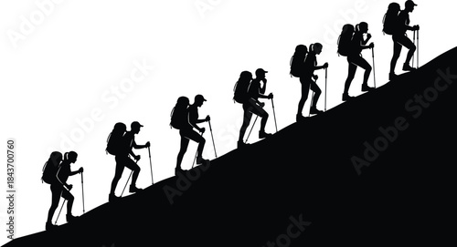Hikers climbing mountain slope silhouette illustration, group trekking uphill with backpacks, adventure teamwork concept, outdoor travel success metaphor
