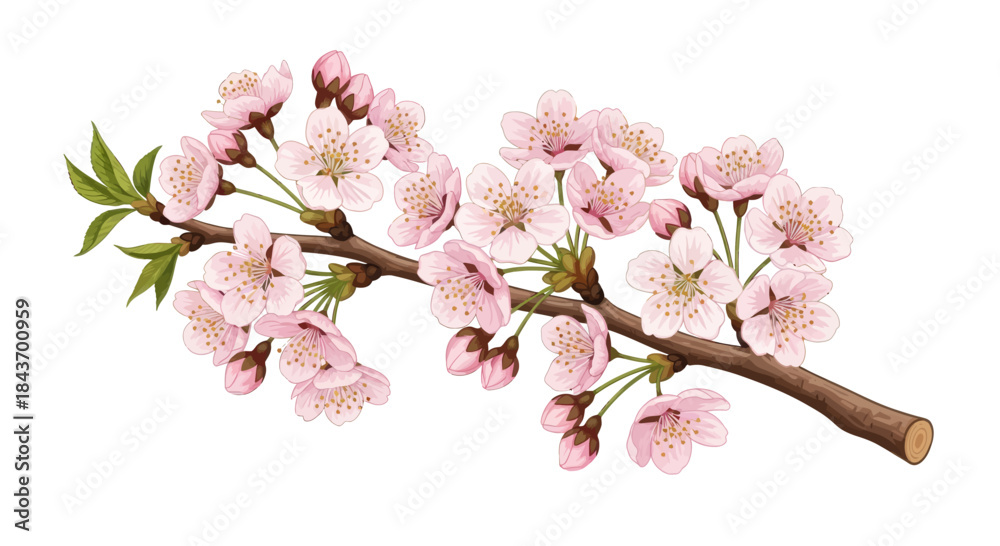 Obraz premium A Delicate Cherry Blossom Branch Blooming with Spring Flowers in a Realistic Illustration Style