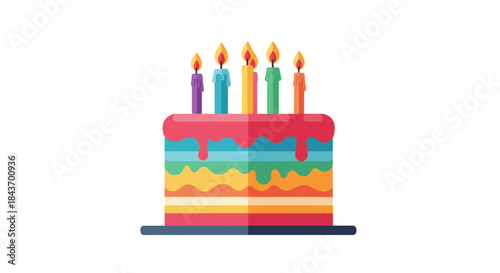 Festive birthday cake with colorful layers and lit candles, perfect for celebrations
