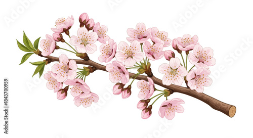 A Delicate Cherry Blossom Branch Blooming with Spring Flowers in a Realistic Illustration Style