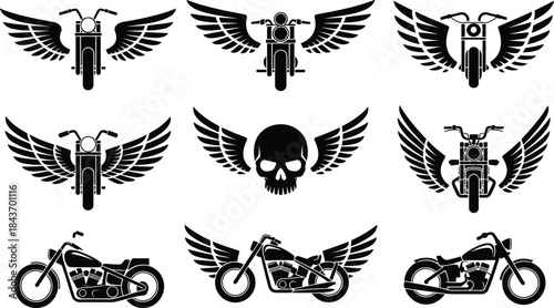 Motorcycle wing emblem collection vector set, biker skull and chopper icons, black silhouette design for tattoo, logo, apparel branding projects