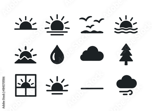 Sunrise Icon Set. Sunrise. Solid icon set of sunrise: sun over h