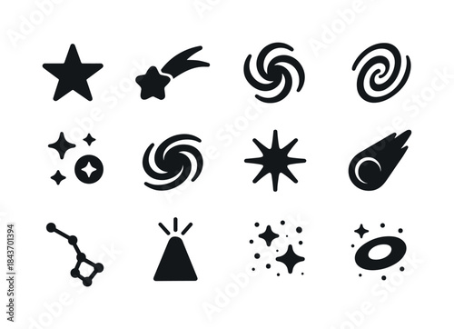 Cosmic Icons Collection. Stars and galaxies. Solid icon set of s