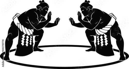 Sumo wrestlers silhouette illustration, traditional Japanese martial sport duel, powerful athletes facing each other in ring vector design
