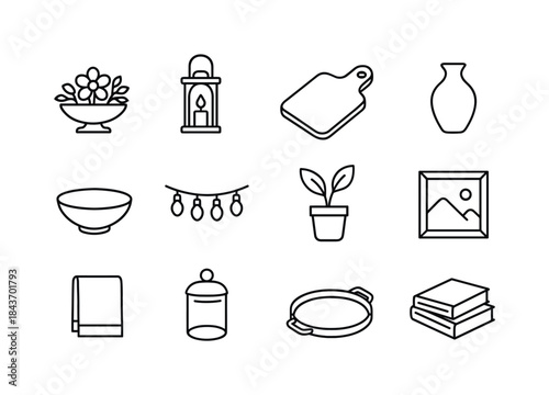 Home Entertaining Icons. Home Entertaining Decor. Line icon set