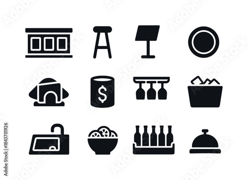 Bar Icon Collection. Bar counter setup. Solid icon set of Bar co