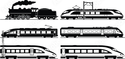 Train silhouette collection vector, steam locomotive and modern high speed trains, railway transport icons set isolated on white background