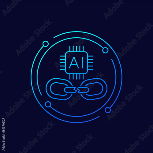 Broken link and AI chipset icon, linear design
