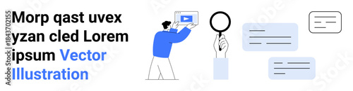 Person interacting with video player, magnifying glass symbolizing search, and text boxes. Ideal for content management, video tutorials, online communication, research, learning, publishing