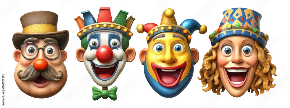 Fototapeta premium Colorful Cartoon Faces of Clowns with Various Hats and Expressions on Isolated Background
