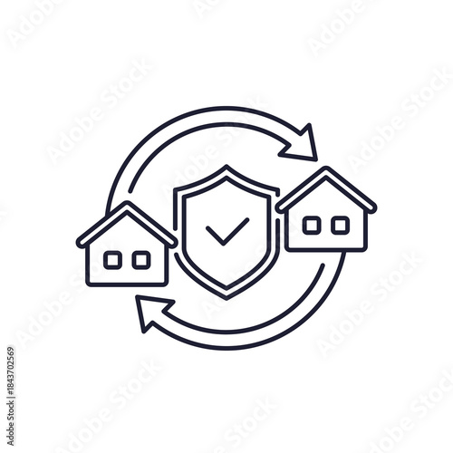 landlord insurance line icon with houses and shield