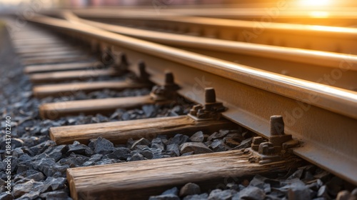 Sunlit railway tracks stretch into the distance, wooden sleepers and gravel under glowing evening lights, dusk