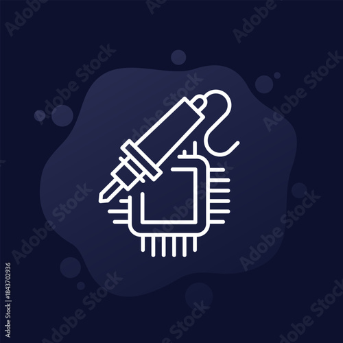 soldering iron, solder icon with microchip, line vector design