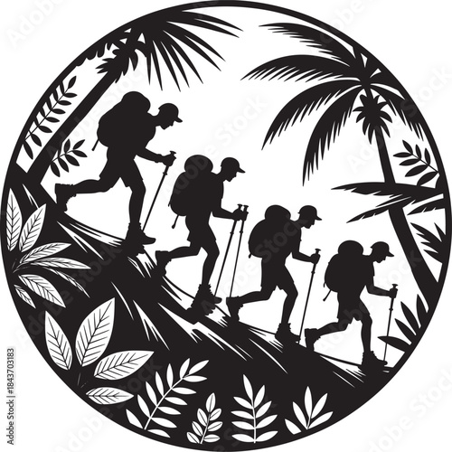 Silhouette of four hikers with backpacks and trekking poles ascending a steep, tropical, junglelike slope