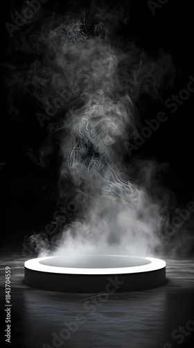 White smoke rising from circular podium on black background, moody product stage