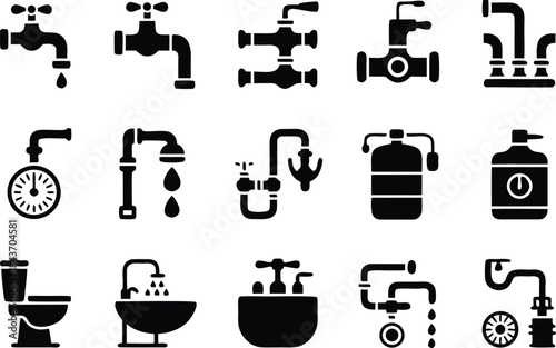 Detailed plumbing vector glyph icons featuring various double valves tanks meters showers and bathroom sanitary ware