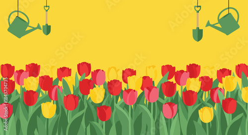 Vibrant spring garden background with a field of red and yellow tulips, with watering cans and shovels hanging from above.