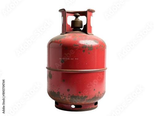 A close-up shot of a red propane gas bottle against a clean white background