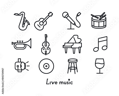 Live Music Icons. Live Music. Line icon set of Live Music: saxop