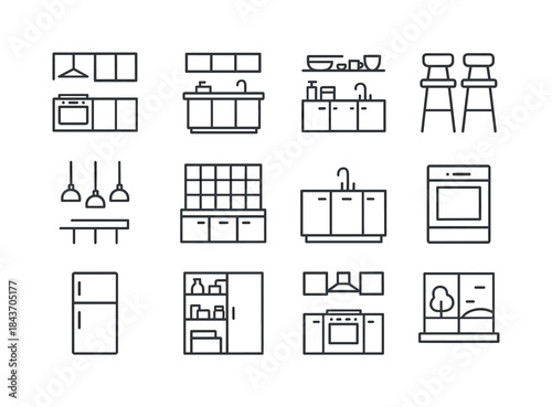 Minimalist Kitchen Icons. Kitchen Interiors. Line icon set of Ki