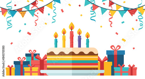 Festive birthday party scene with a colorful layer cake with candles, many wrapped gift boxes, confetti, and party garlands.