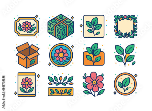 Nature Vibe Icons. Nature vibe package design. Colorful isometri