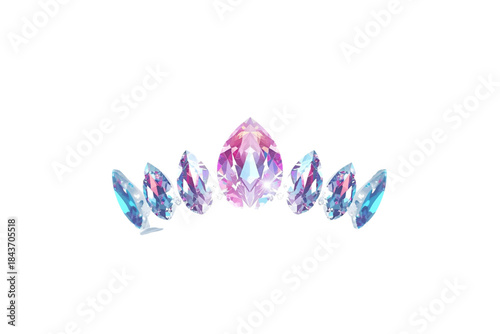 row of luminous faceted jewels in pink, purple, and blue set in a crown shape, no background svg