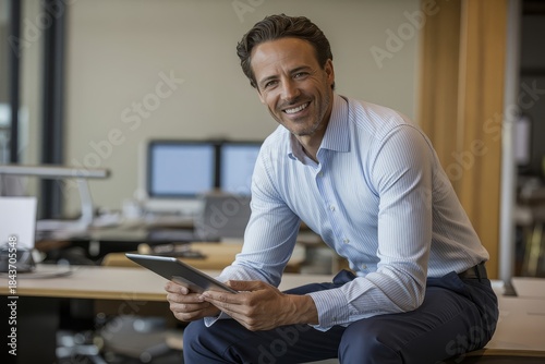 A smiling businessman in a light blue shirt sits on a desk holding a tablet.