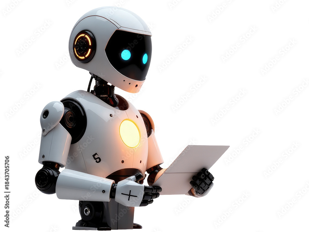 Fototapeta premium A white robot holds a piece of paper in its hand