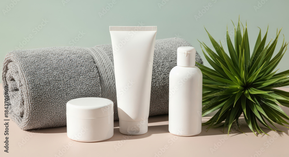 Naklejka premium Elevate Your Self Care Rituals with Luxurious Spa Essentials A Serene Still Life of Beauty Products and a Soft Towel for a Relaxing and Pampering Experience