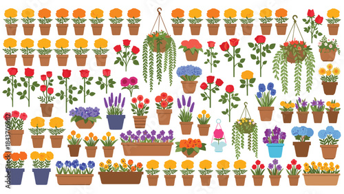 Massive collection of various garden flowers in pots, planters, and hanging baskets, creating a beautiful and diverse floral set.