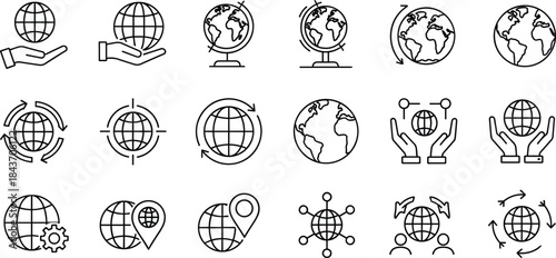 Global connectivity icons set with globe, network, location, technology, communication, international business, travel, geography, hands, arrows, and interaction symbols.