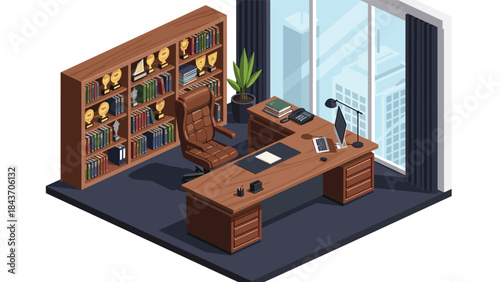 Isometric illustration of a luxurious executive office with a large wooden desk, leather chair, bookshelf with trophies, and a city view.