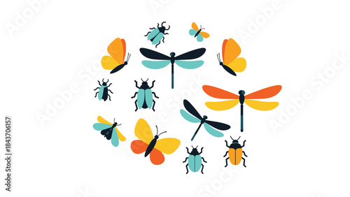 Circular arrangement of colorful, flat-style insects, featuring butterflies, dragonflies, and beetles in a simple and clean design.