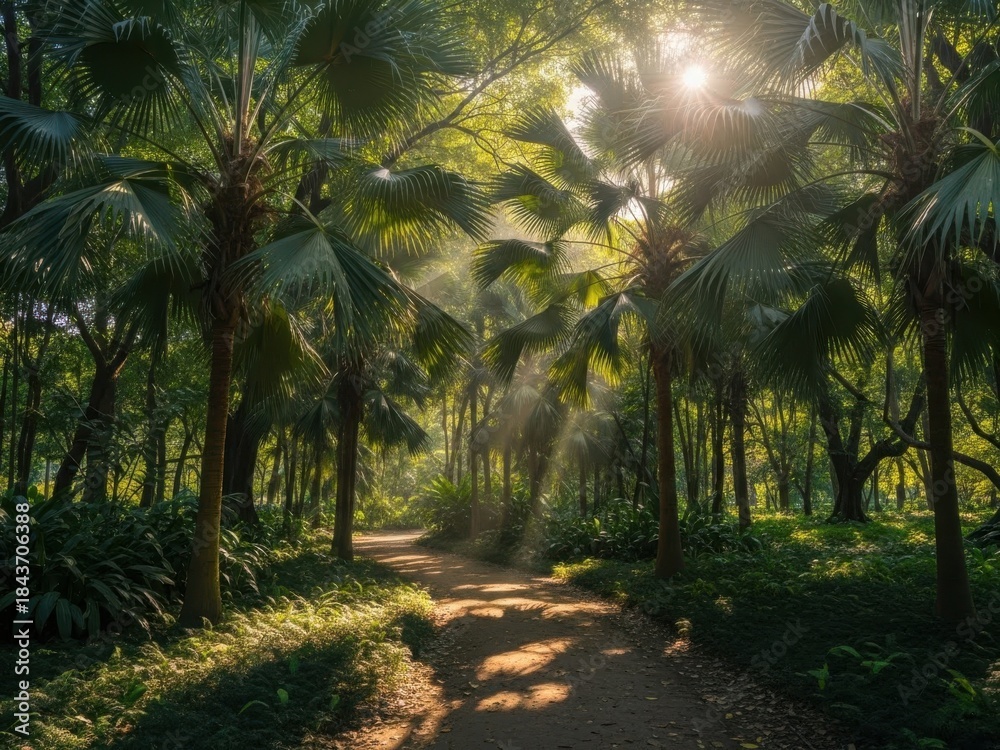 Naklejka premium Sunlit jungle path lined with palm trees and lush green foliage