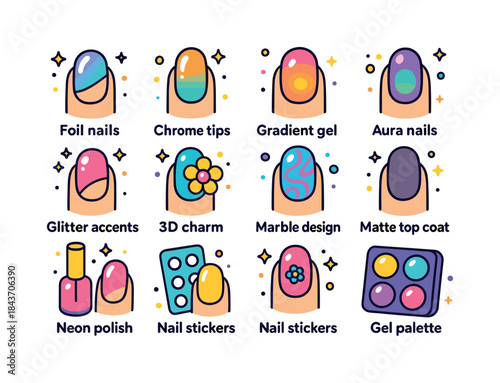 Colorful Nail Art Icons. Trendy Nails. Colorful isometric vector
