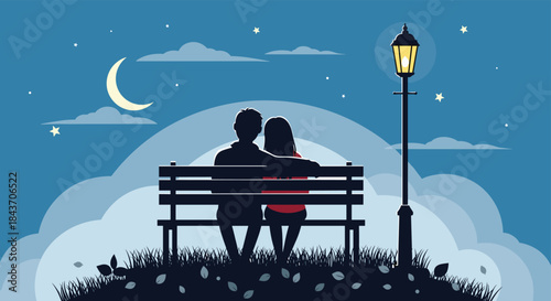 Romantic silhouette of a couple sitting on a park bench at night, looking at a crescent moon under a starry sky with a lamppost.