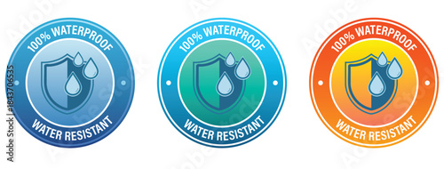 100% Waterproof guarantee labels with water drop and shield symbol. protection badges set