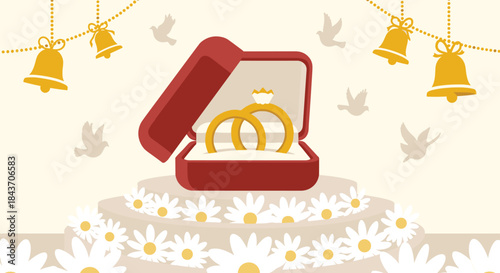 Wedding celebration background with two golden rings in a red box on a pedestal with daisies, bells, and doves in the background.