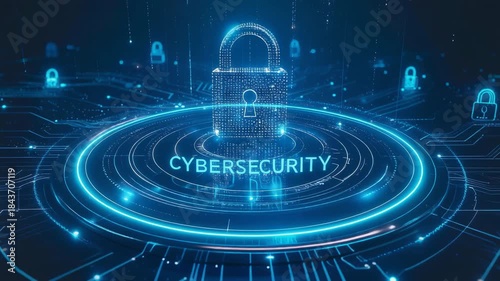 A glowing digital lock represents cybersecurity protection on a futuristic network interface creating secure technology motion visuals.